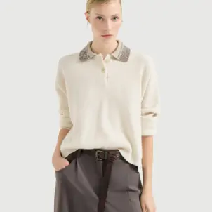 Virgin wool, cashmere and silk English rib knit polo with dazzling collar