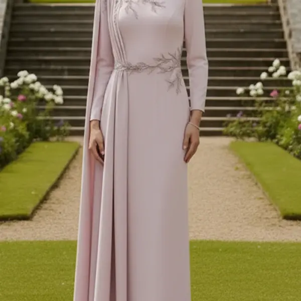 Bateau Neck Embroidered Gown with Cape