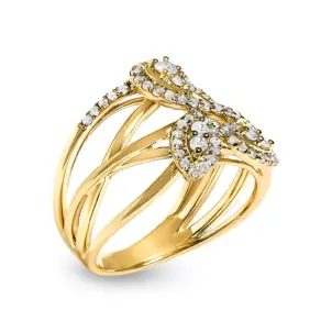 10K Yellow Gold 1/2 Cttw Diamond Crossover 3 Leaf Floral Cocktail Ring Band