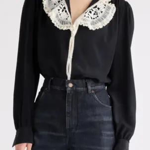 Silk Crêpe de Chine & Lace Ruffle Collar Button-Up Shirt