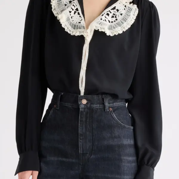Silk Crêpe de Chine & Lace Ruffle Collar Button-Up Shirt