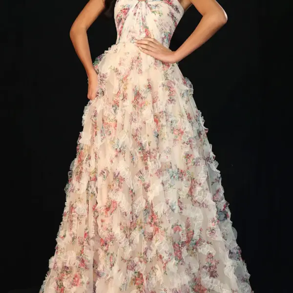 Layered Ruffle Ballgown with Floral Print