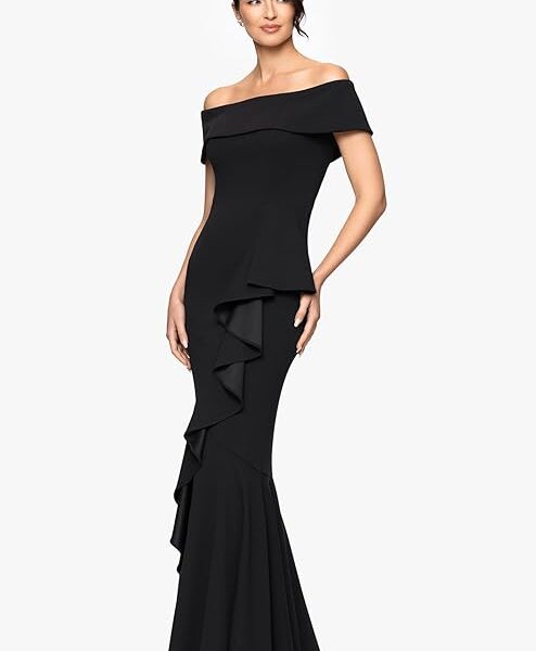 Women's Long Off Shoulder Cascade Ruffle Stetch Scuba Crepe Gown