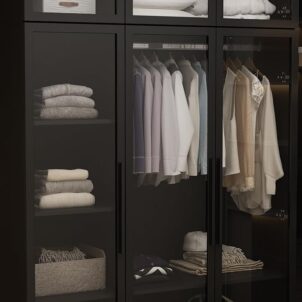 Hitow Wardrobe Cabinet with LED Lights, Armoire Closet with Glass Doors