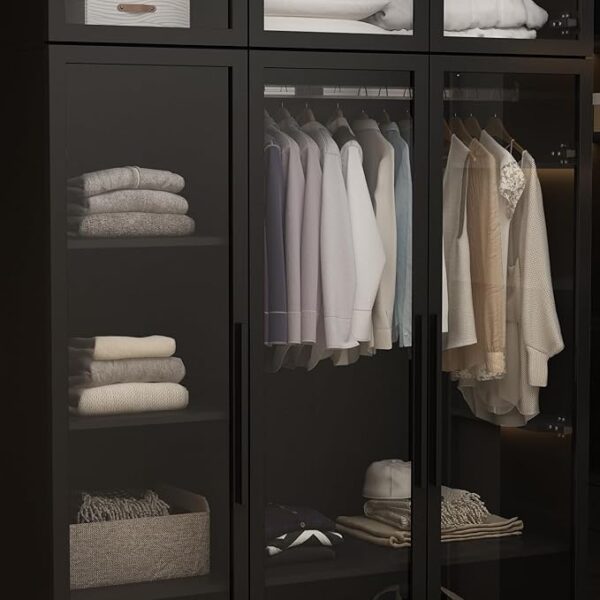 Hitow Wardrobe Cabinet with LED Lights, Armoire Closet with Glass Doors