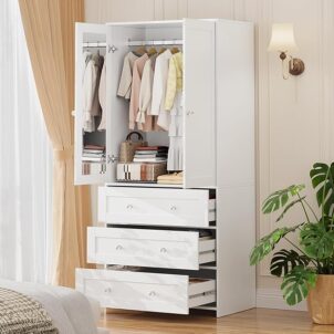 VOWNER Armoire Wardrobe Closet with 3 Drawers and Mirror