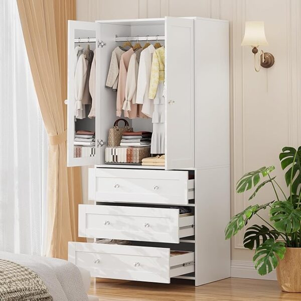 VOWNER Armoire Wardrobe Closet with 3 Drawers and Mirror