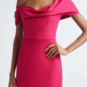 Draped Off the Shoulder Stretch Virgin Wool Column Dress