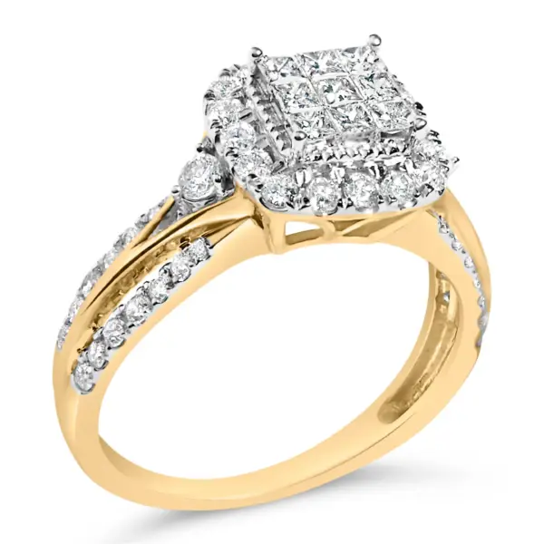 10K Yellow Gold 1.0 Cttw Diamond 3-Band-Look Engagement Ring