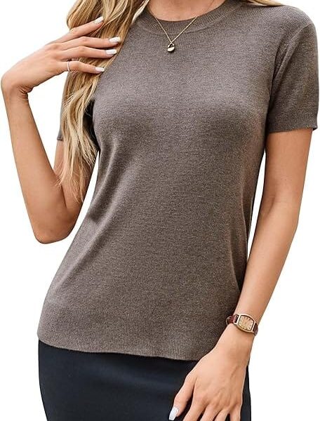 Arach&Cloz Women's Lightweight Wool Blend Short Sleeve Sweater Top Business Casual