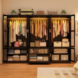 6 Doors Armoire Wardrobe Closet with LED