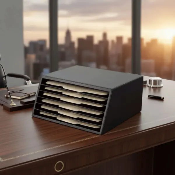 Classic Black Leather Vertical File Sorter/Holder