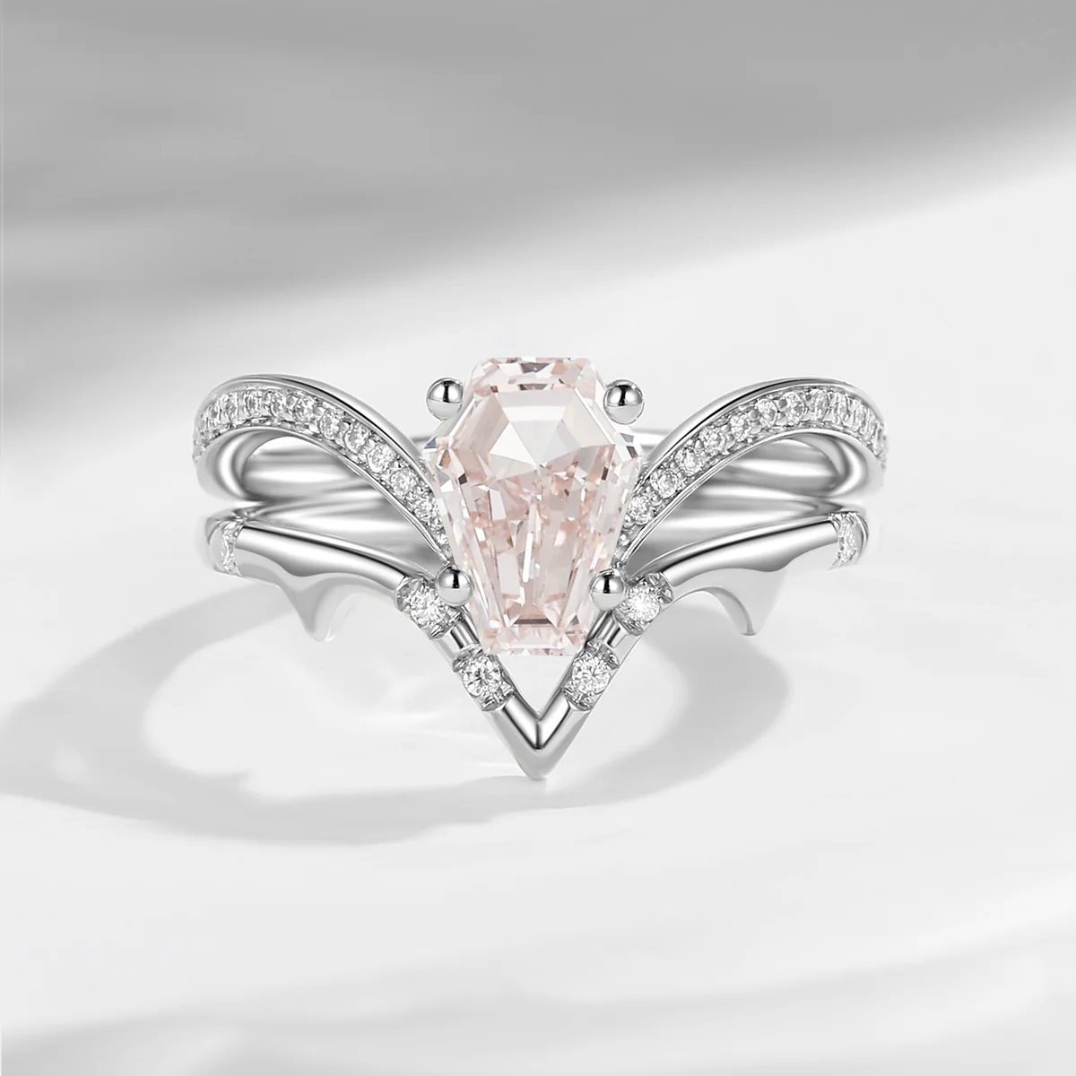 Coffin Cut Lab Pink Diamond Spooky Engagement Ring Set 2pcs - Dainty Bat Ring
