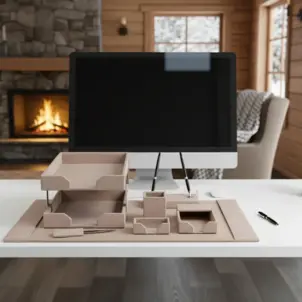 White Latte Bonded Leather Desk Set