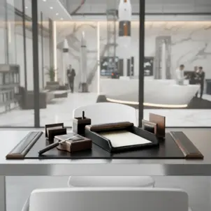 Walnut & Black Leather Desk Set