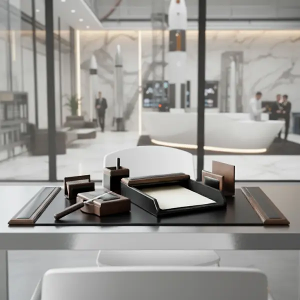 Walnut & Black Leather Desk Set