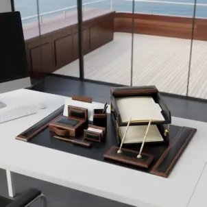 Walnut & Black Leather Desk Set