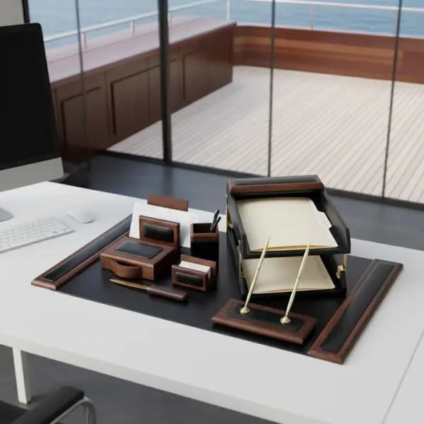 Walnut & Black Leather Desk Set