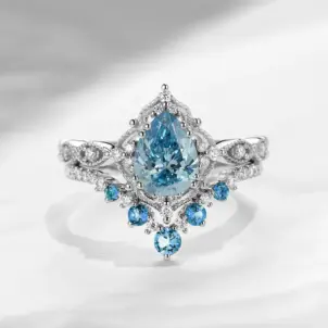 Antique Pear Cut Lab Blue Diamond Engagement Ring 2pcs