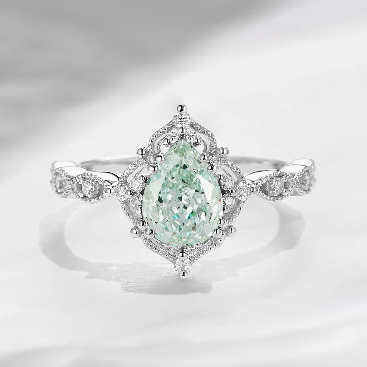 Vintage Pear Shaped Lab Green Diamond Engagement Ring