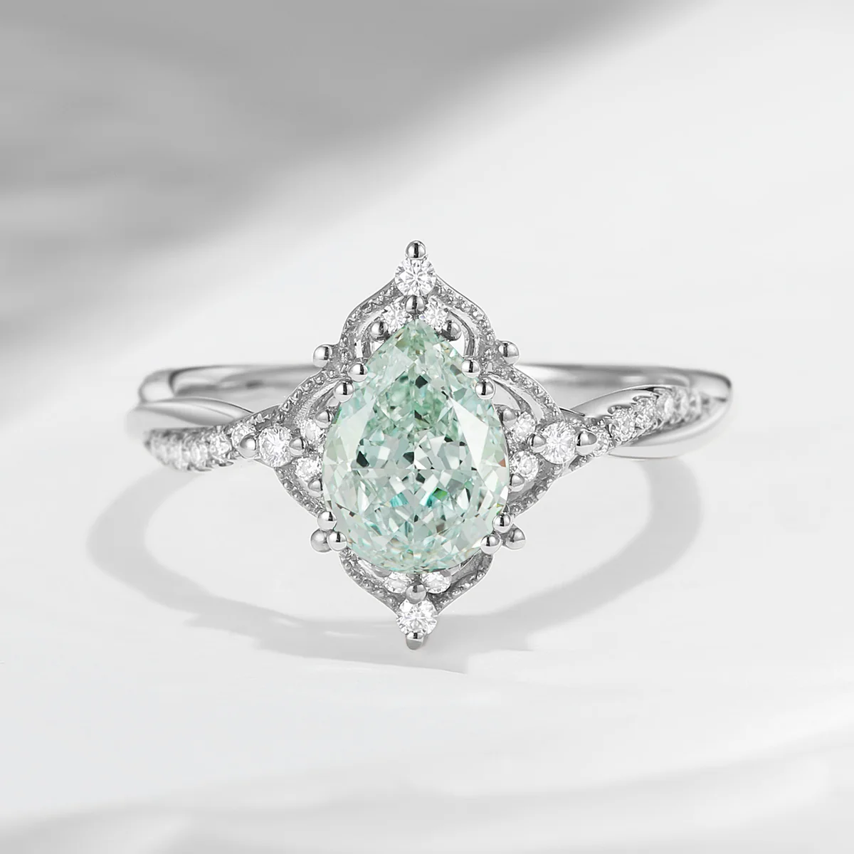 Vintage Style Pear Shaped Lab Green Diamond Infinity Engagement Ring