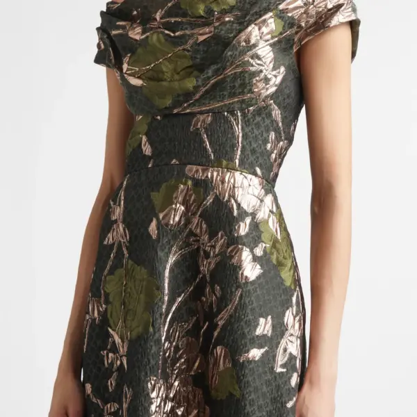Floral Draped Metallic Fil Coupé Fit & Flare Dress