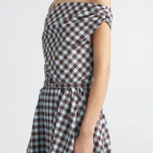 Gingham Print Cotton Stretch Poplin Off the Shoulder Dress
