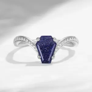 Coffin Cut Vintage Blue Sandstone Gold Engagement Ring - Bat Ring