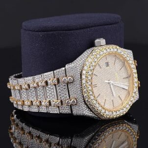 Fully Paved Date Dial 18K Gold Two-Tone Finish Iced Look Dress Watch Luxury Wrist Watch