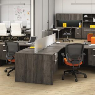 Offices To Go Superior Laminate 2 Person Open Concept Workstation with Acrylic Divider