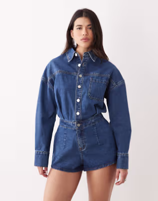Noughts & Kisses denim cinched waist playsuit in mid wash blue
