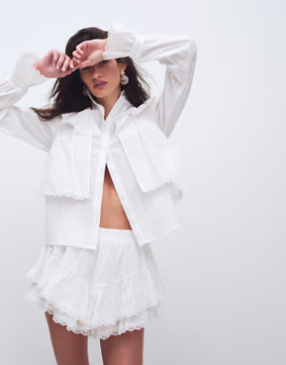 cotton broderie trim high neck ruffle shirt co-ord in white