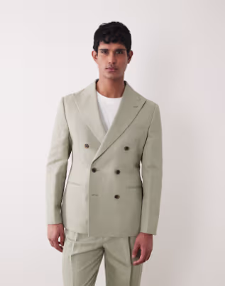 slim linen rich double breasted suit in khaki