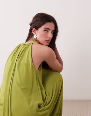 tie detail trapeze mesh dress in olive