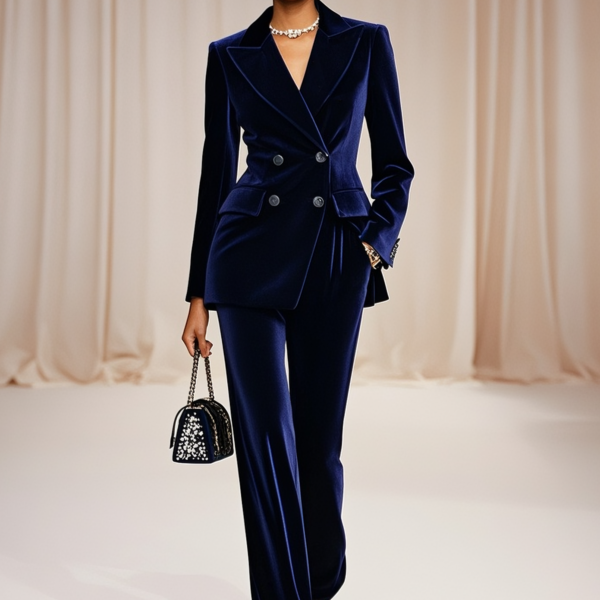 Women Navy Blue Velvet Piping Lapel Collar Long Sleeve Dressy Blazer