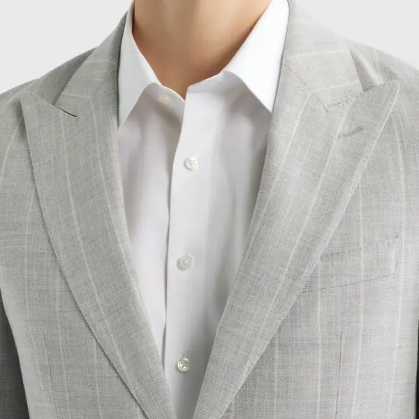 Huge Slim Fit Light Grey Stripe Peak Lapel Cotton & Wool Suit