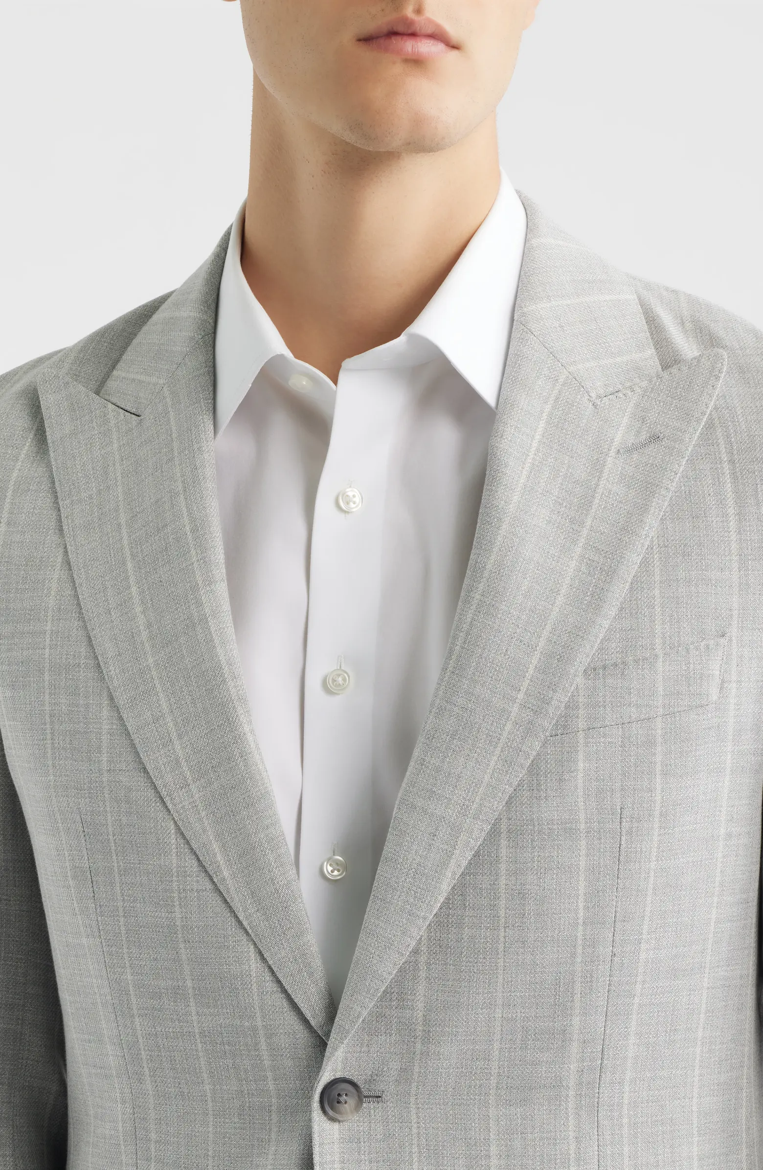 Huge Slim Fit Light Grey Stripe Peak Lapel Cotton & Wool Suit