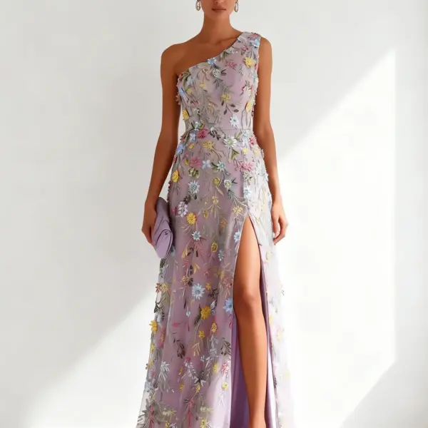 Light Purple Floral Ebroidered Classic One Shoulder Sleeveless