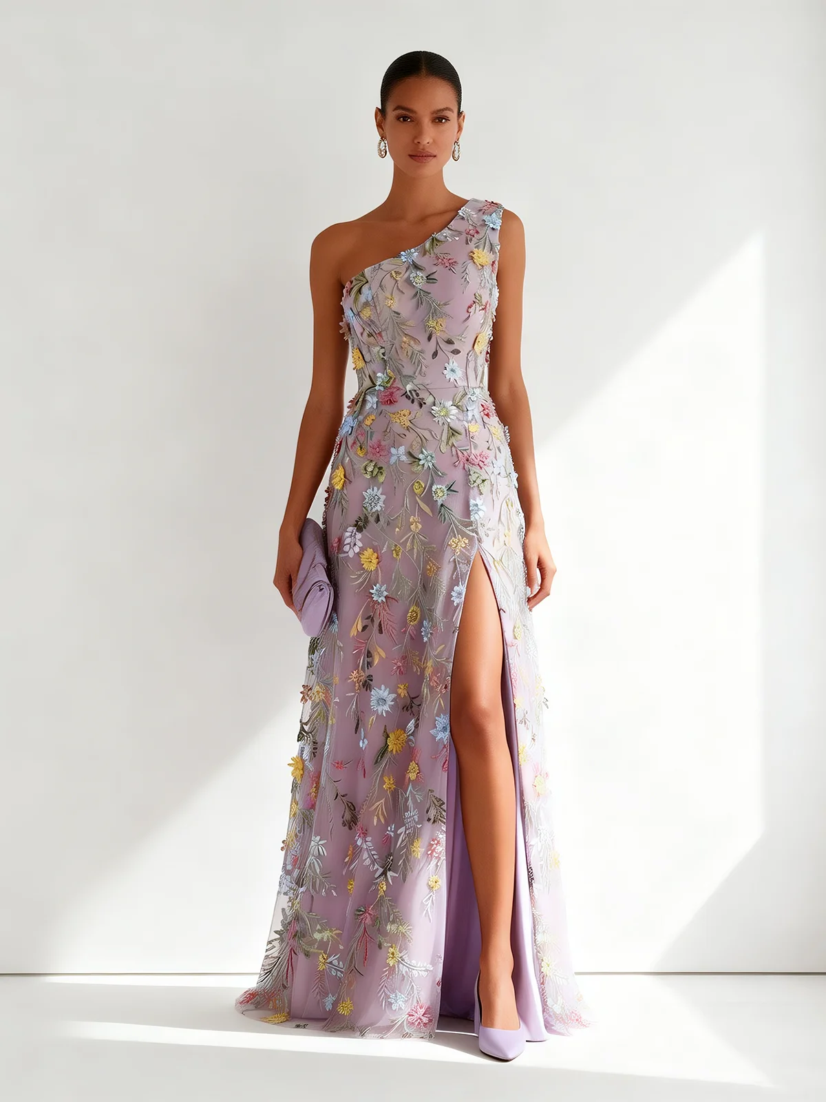 Light Purple Floral Ebroidered Classic One Shoulder Sleeveless