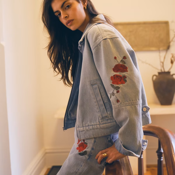 Embroidered Denim Zip-Up Jacket