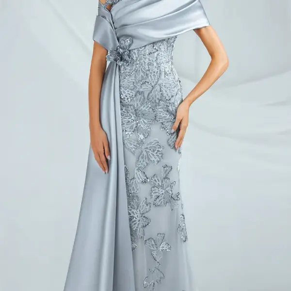 Satin Wrap Asymmetric Neckline Gown