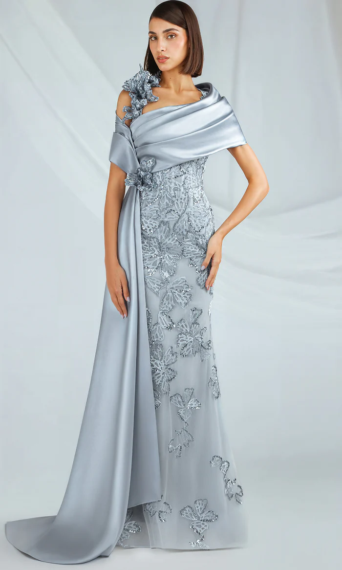 Satin Wrap Asymmetric Neckline Gown