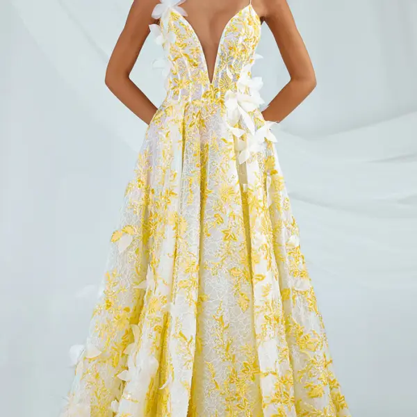 Plunging V-Neck 3D Floral Evening Gown