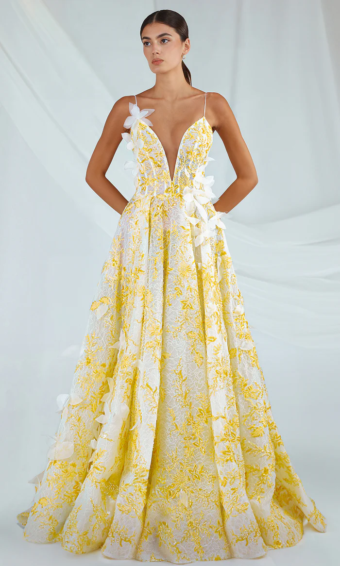 Plunging V-Neck 3D Floral Evening Gown