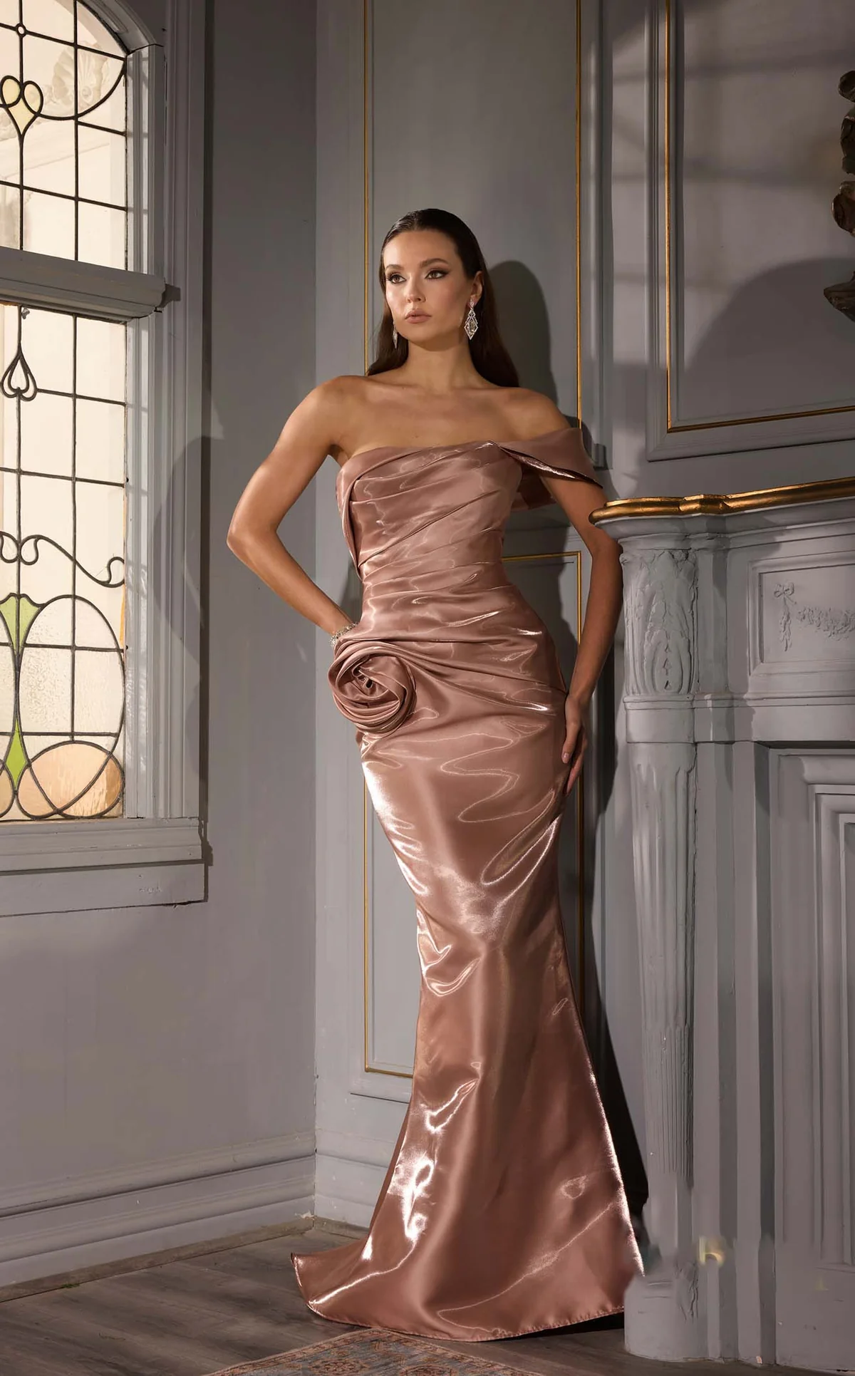 Satin Off-Shoulder Neckline Full-Length Gown