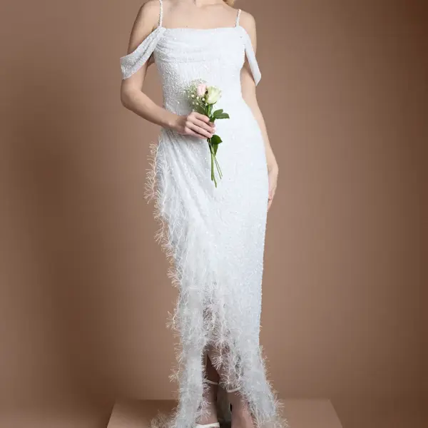 Coast Sequin Embellished Feather Trim Draped Bardot Maxi Wedding Dress