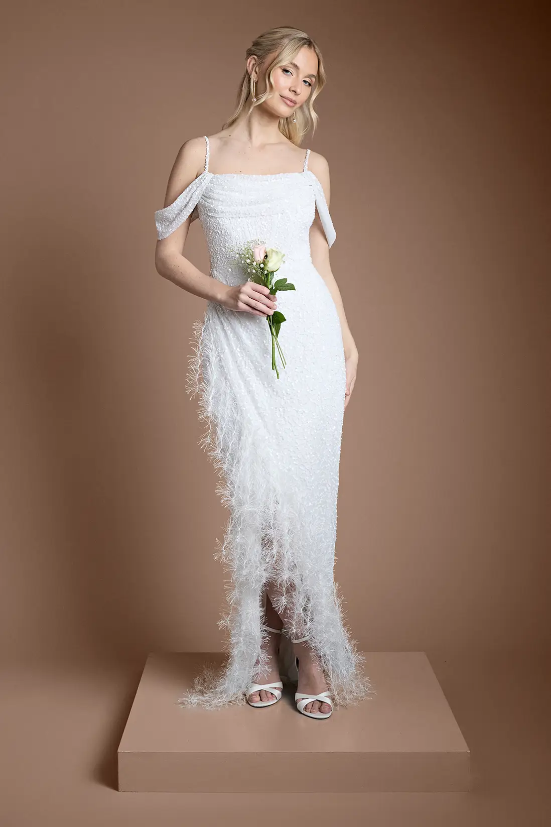 Coast Sequin Embellished Feather Trim Draped Bardot Maxi Wedding Dress