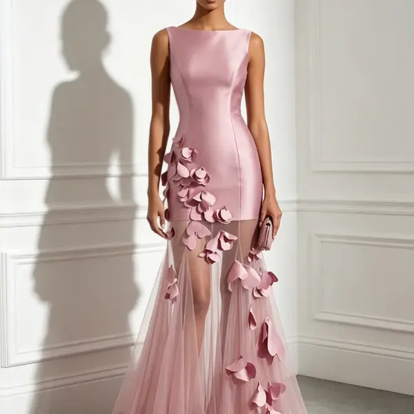 Pink 3D Floral Mesh Satin Boat Neck Sleeveless