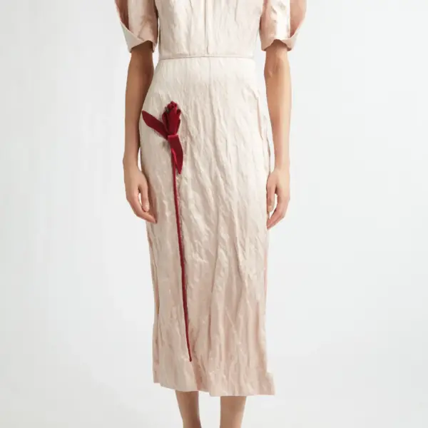 Tulip Appliqué Crinkled Metallic Satin Gown