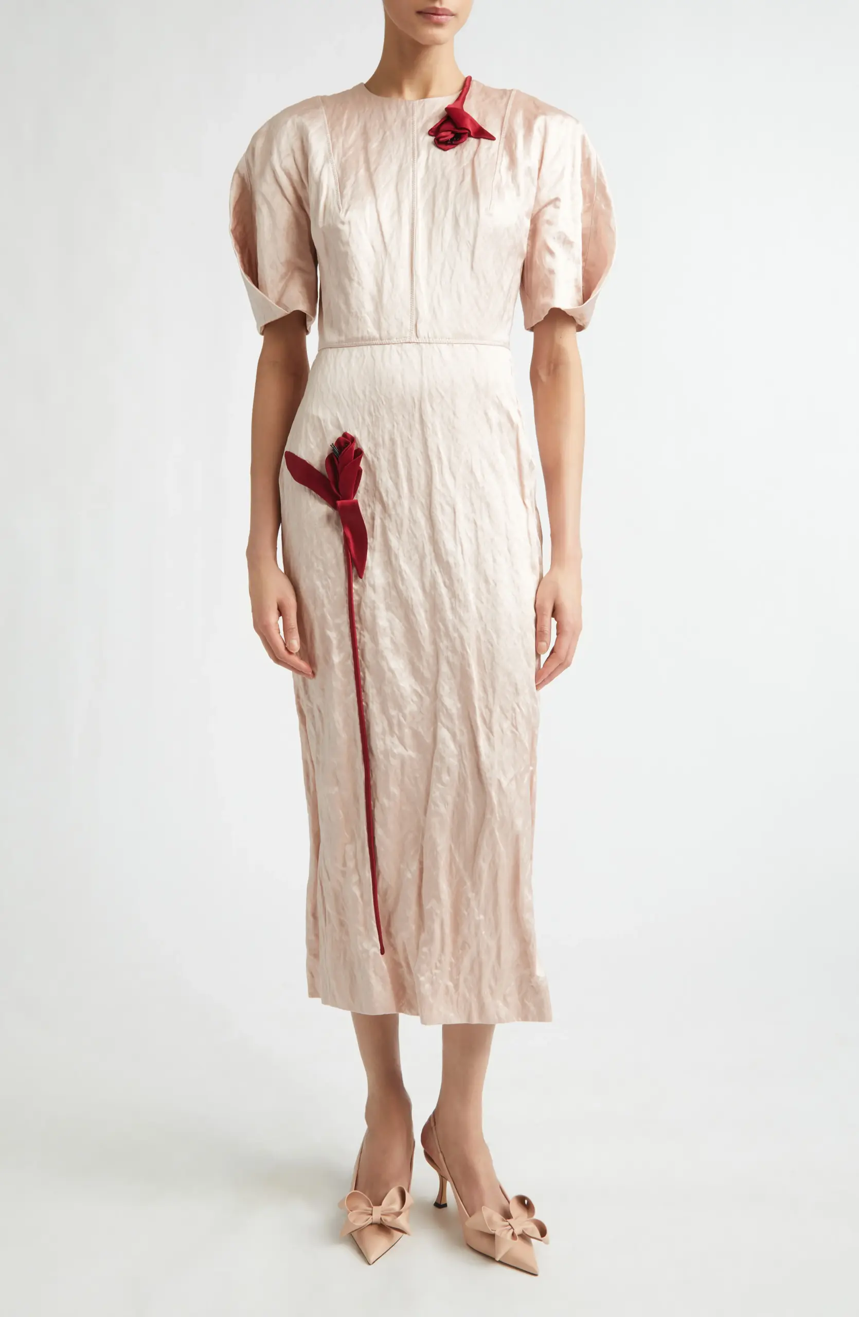 Tulip Appliqué Crinkled Metallic Satin Gown